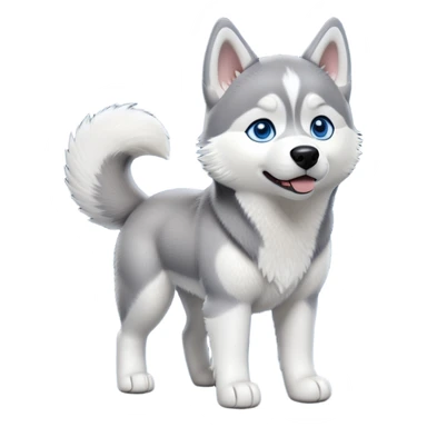 cinematic-[siberian husky]-realistic-full-body-standing-emoji,-tail-resting-loosely-beside-its-paws,blue eyes-head-tilted-dramatically, -fluffy-[grey and white]-fur,-simplified-yet-realistic-focused-features,-highly-detailed,-glowing-with-an-almost-sarcastic-glow sticker