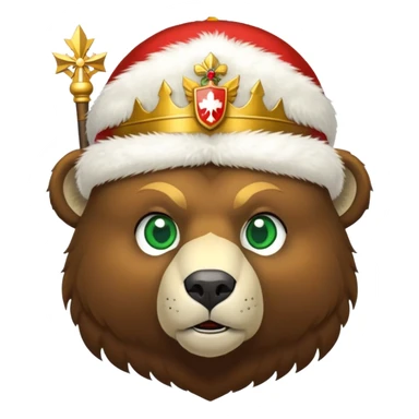 Brown bear head only with green eyes, white furry ushanka hat with accurate Russian Federation emblem featuring golden eagle, three crowns, scepter, orb, and red shield with St. George, iOS emoji style sticker