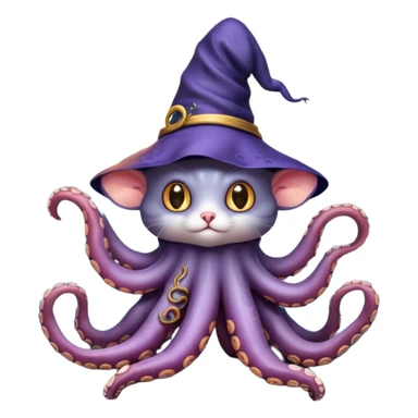 a cat that looks like a wizard that is half monster half octopus holding a rat looking super scary and mysterious with forest background nighttime sky sticker