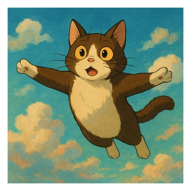 flying cat with expressive eyes in a dreamy sky background in ghibli style sticker