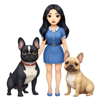 latin woman with long black hair standing alongside two French bulldogs  sticker