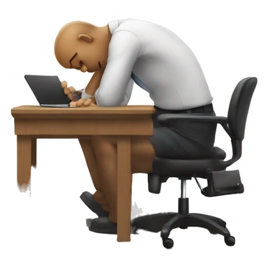 man sitting at a wooden work desk in office chair slumped and looking frustrated sticker