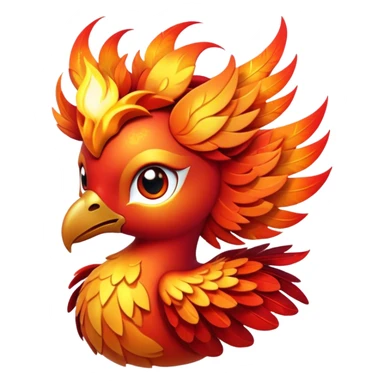 Cinematic Cute Mystical Fire Phoenix Portrait Emoji, Head tilted playfully and inquisitively, showcasing a vibrant, flame-kissed form with intricately detailed feathers in warm shades of red, orange, and shimmering gold, accented by delicate sparks and a gentle, inviting glow; rendered with lifelike detail and soft, radiant light, high shine, enchanting and spirited, styled with a touch of mythic whimsy, soft glowing outline, capturing the essence of a mischievous yet endearing phoenix poised to flutter playfully into your heart! sticker
