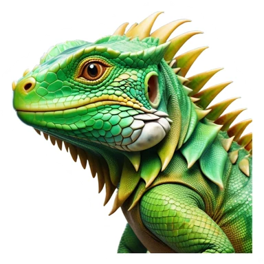 Cinematic Realistic Noble Iguana Portrait Emoji, Poised and commanding, with a robust, elongated body covered in intricately detailed, rough scales in vibrant shades of green with earthy brown accents, and a sharply defined head with piercing amber eyes, rendered with lifelike texture and natural light that accentuates every scale, high shine, intelligent and formidable, styled with an air of tropical authority, focused and attentive, soft glowing outline, capturing the essence of a watchful and confident iguana that appears ready to bask in the sun with effortless grace! sticker