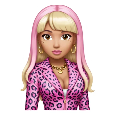 Nicki Minaj in pink and white leopard print outfit with half blonde half pink hair, blonde on left side, pink on right side, with bangs sticker