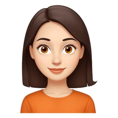 Warm enthusiastic woman with light skin, oval face, soft defined features, large expressive brown eyes, medium arched eyebrows, small nose, medium lips with relaxed smile, long dark brown hair, wearing an orange blouse sticker