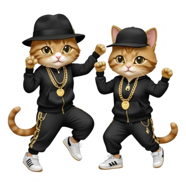 female cat dressed like Run DMC in tracksuit, fedora, Adidas shoes, lots of gold chains, rings, bracelets, earrings, dancing with a friend, no sunglasses sticker