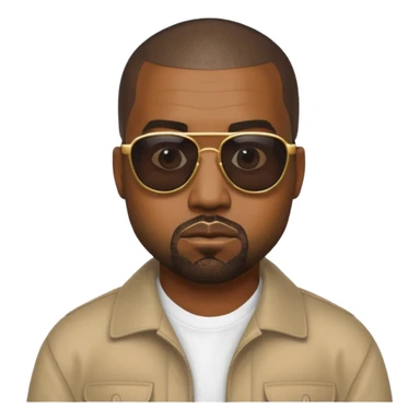 Kanye West with iconic sunglasses, confident expression, apple emoji style sticker