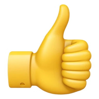 Apple-style 3D illustration of a single yellow emoji hand giving a thumbs up gesture, glossy and rounded, centered on a clean white background, soft shadow underneath, isolated and minimal design sticker