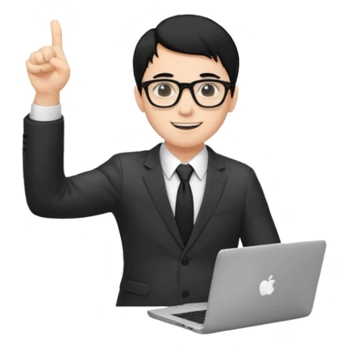 un estudiante con lentes y su laptop CON TERNO Y CABELLO NEGRO,  LEVANTANDO LAS MANOS DANDO LIKE sticker