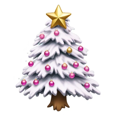 Snow covered pine Christmas tree with pink ornaments and snowflake star gold bows sticker