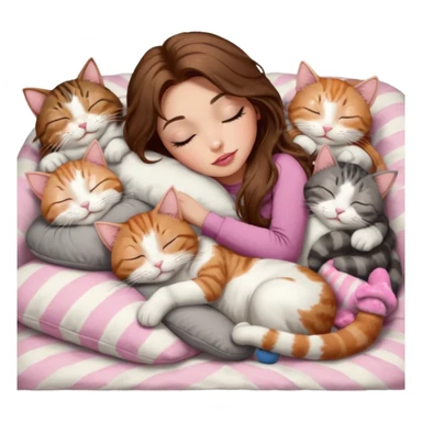 girl with long wavy brown hair, brown eyes, long lashes makeup, sexy pink lips, light to medium complexion,  sleeping on a cozy pillow, with 6 cats: 1 brown and white tabby cat, 1 ginger and white, 2 grey and white, 1 grey with white mittens and small white patch on chest and 1 calico, sleeping sticker