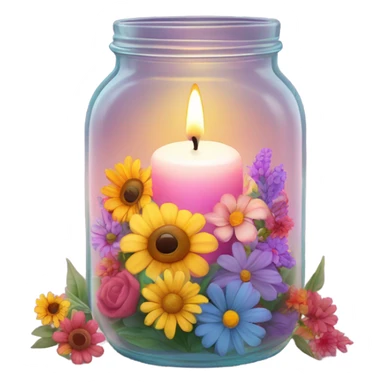 candle burning in a glass jar with flowers and halo sticker