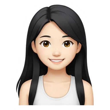 Japanese semi korean girl, light skin long black hair, white tanktop and black outer, and smile sticker