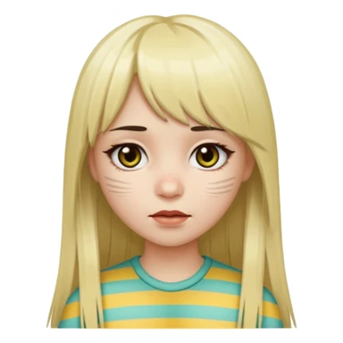 Girl with long straight dark brown hair and blonde striped streaks, with bangs. Light skin and dark eyes. Turn her into a cute zombie version — pale greenish skin, dark eyes, small wounds under eyes, keep her hair and mechas the same, emoji-style. sticker