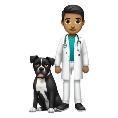 Young Mexican doctor with big black boxer dog with white face sticker