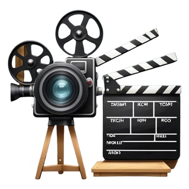 Icon for Acting in Theater and Film: a stage with a spotlight, a film camera, a clapperboard and a dramatic mask. The design should represent both theatrical performance and cinematic art. Transparent background. sticker