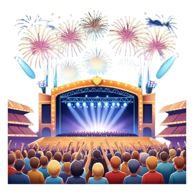 An icon showing a stadium stage with a concert in full swing, bright stage lights illuminating the performers, and fireworks bursting in the sky. The excitement of the crowd is palpable, symbolizing a love for live music and unforgettable shows. transparent background. sticker