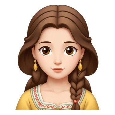 Cinematic Serene Belle Portrait Emoji, rendered in a simplified vector style. Depict a gentle Belle (chest and above) with fair, glowing skin, softly cascading brown hair, and a calm, inviting expression, dressed in her traditional village dress. The image exudes a soft, luminous glow and is outlined with a subtle, warm light. sticker