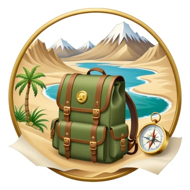 Icon for Expeditions: a compass, a map, a backpack and a rugged expedition jeep, set against a backdrop of snowy mountains, sand dunes and tropical islands. The icon should capture the spirit of adventure and exploration in diverse landscapes. Transparent background. sticker