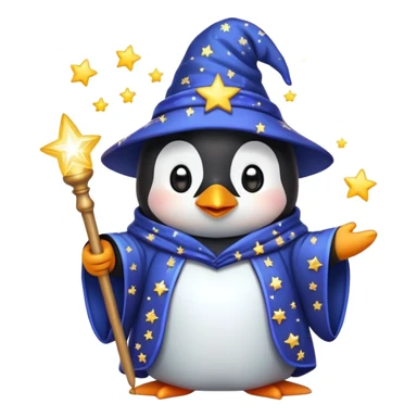 cute penguin wizard with a starry robe and a glowing wand, emoji style sticker