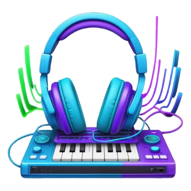 Create a creative and technical emoji that represents sound design. The design should feature a soundwave, a pair of studio headphones, and an audio synthesizer or soundboard to symbolize the manipulation and creation of unique soundscapes. Add subtle elements like audio cables, a mixing console, or a waveform to reflect the technical aspect of sound design. Use vibrant, futuristic colors like neon blue, purple, and green to represent innovation and creativity in sound. The background should be transparent. sticker