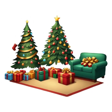 Flat illustration, dark livingroom scene, with christmas tree lit up and gifts under tree. Room is lit poorly but by the christmas tree lights, still life
 sticker