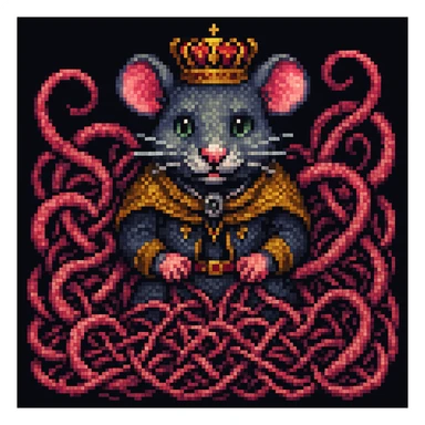 Enhance the image to show more tangled tails among the rats in a pixel art style. Emphasize the pixel art aesthetic with clear, blocky pixels and vibrant colors typical of pixel art. Increase the complexity and visibility of the tails to appear more intertwined and tangled, while maintaining the pixel art style. sticker
