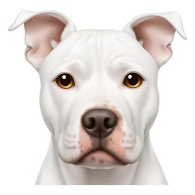 White pitbull with brown spot on eye and one brown ear sticker