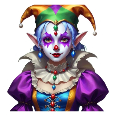 Cinematic girl in the style of a Jester, Ultra realistic 32k HD, Breathtaking piece of art, rim lighting, hauntingly beautiful art, vibrant colors, Balanced features, highly detailed digital artwork, glowing with silver light, glowing, high shine, deviant adoptable, highly detailed clothing, remembrance, a painting of white silver, fanciful, enchanting, ghostly, embodying the essence of both reality and fantasy, dreamy, dreamy glow, optical illusion, immaculate composition, complex pose, air composition. The image is so lifelike that it feels as though it could leap off the canvas at any moment sticker