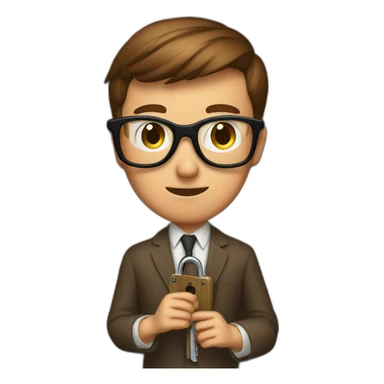 brown-short-haired classy man wearing glasses, struggling to fit a key into a wooden door-lock sticker
