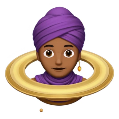 A bold emoji-style illustration with Saturn 🪐 as the dominant element, clearly showing its bright rings. Inside the planet, a stylized man wearing a colorful turban 👳🏾‍♂️, depicted as a mystical or adventurous character, sitting or floating within Saturn, integrated with the planet’s texture. . sticker