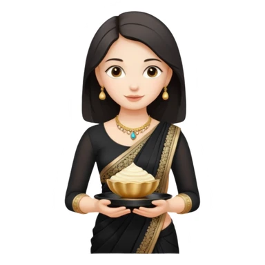 Russian girl in Indian black saree with full image from head to leg and holding one small cream colour plastic tray in her both hands sticker