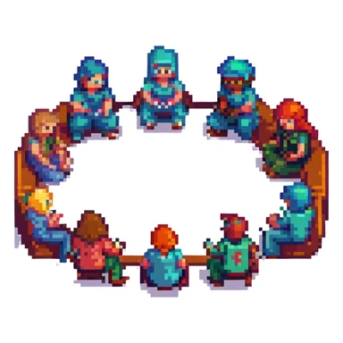 a group of friends sitting in a circle, pixel art style, retro video game look, pixelated characters sticker