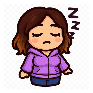 Create a chibi emote of a woman from the reference images with a slightly skinnier body and bigger chest, wearing a lavender hoodie and blue jeans, sleepy with Zzz, cute tired face, no headband, no wand, no green heart, transparent background, and top color not matching jeans, matching the attached green heart emote as a base style. sticker