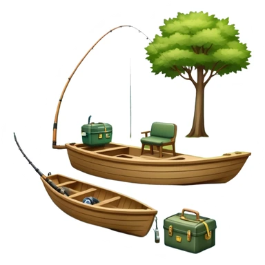 Icon for Fishing: a boat on the shore of a serene lake, including trees and water, with a scenic natural background, a fishing rod and tackle box. The icon should represent the peacefulness of fishing. Transparent background, no border. sticker
