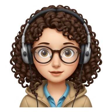 brunette kid with unique face features and very curly long hair kid girl neutral and big glasess and big nose and dark eyes with freckles kind of nerd looking and headphone wearing sticker