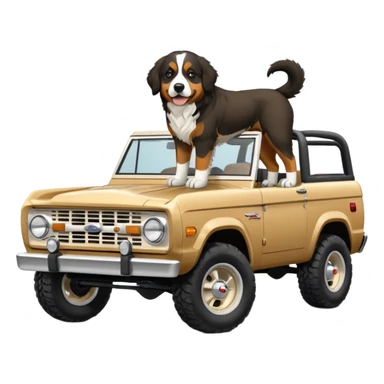 Sand colored ford bronco with no roof and Bernese mountain dog in the back sticker