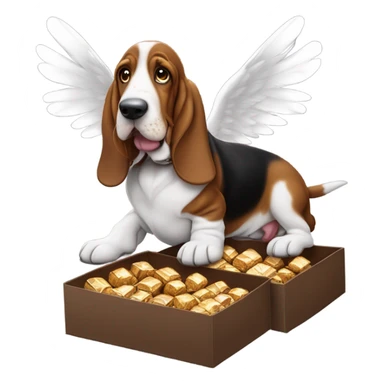 Basset hound with angel wings eating a box of chocolates transforming into a puppy basset hound sticker