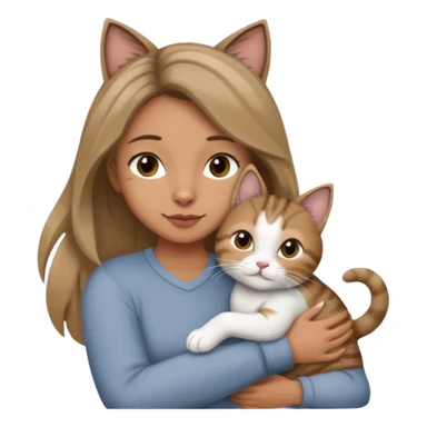 Une femme avec les cheveux dégradée, brun et blond, qui fait un câlin à son chat gris, tigré avec les extrémités que pattes pointe d’oreilles noires et le dessous du menton blanc sticker