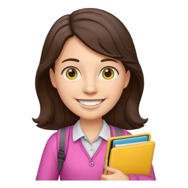 Teacher emoji but : wavy dark brown hair, light western skin, no glasses, dark eyes, with a computer folder in the hand (color is yellow), being a teacher, wearing pink backpack, smile with teeth





 sticker