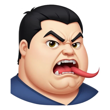 chubby young angry man in profile view with black hair, sharp fangs, crossed eyes, exaggerated long tongue sticking out sticker