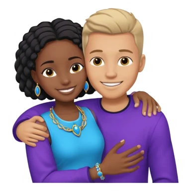 Tan European male wearing blue and smiling and hugging a jet black African girl in purple clothes with blue jewelry sticker