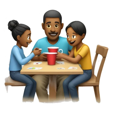 An emoji of a family—mother, father, and child—sitting at a table, playing a cup game with paper cups arranged on the table as they have fun together sticker
