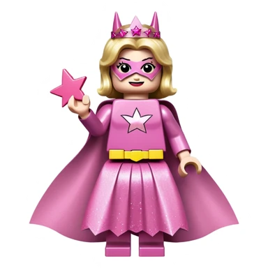 Lego Batman dressed as a princes. He hag his Batman suit underneath but on top he has pink sparkly skirt and top and a wound with star in the hand, which is also pink. On head he has his mask no sticker