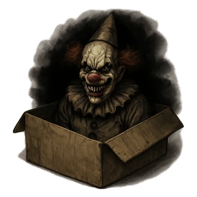 creepy clown sitting inside a cardboard shipping box, wide grin, eerie eyes, shadows sticker