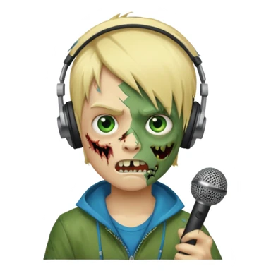 boy zombie whit blonde emo hair and eyes blue and GREEN SKIN and heandphones AND A MICROFONE AND GOLD TEETH and agesive face sticker