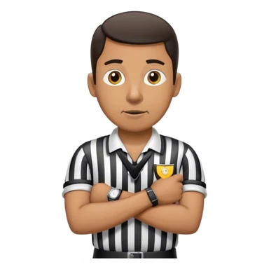 Referee with a whistle in his mouth and arms crossed looking at his watch sticker