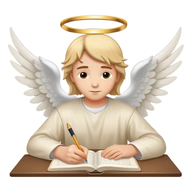 Person writing essay with "Dear God" with halo and angel wings sticker