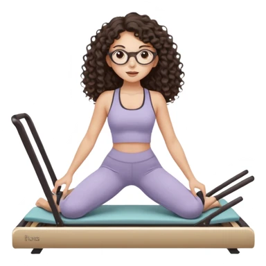 Memoji-style girl with long dark brown curly hair, round glasses, large brown eyes, soft rounded face,makeup, warm beige skin tone, wearing Pilates activewear performing Pilates and reformer Pilates exercises on a reformer machine, pastel color palette, smooth soft shading sticker